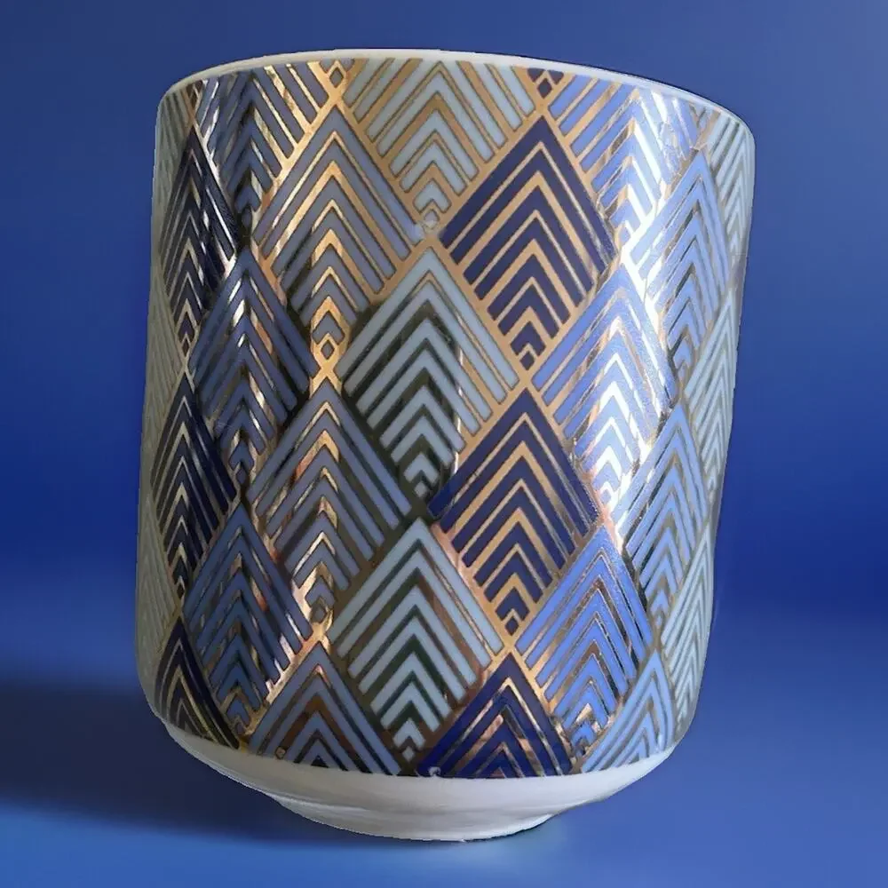 Set of Four Art Deco Brand Ceramic Espresso Cups Blues with Gold Trim and Tray